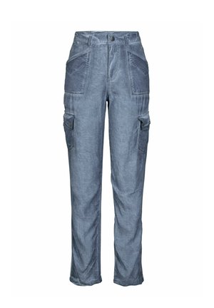 Sive-plave cargo hlače s više džepova, kopčanjem na dugme i rajsferšlus te ravnim krojem.