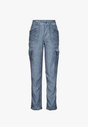 Modre-sive cargo hlače z več žepi, zapiranjem na gumb in zadrgo ter ravnim krojem.