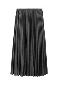 Falda negra plisada con cinturilla elástica, con un patrón texturizado en un tejido ligero, que llega hasta la mitad de la pantorrilla.