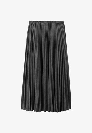 Sort plisseret nederdel med elastisk talje, der har et tekstureret mønster i et let stof, der falder til midt på læggen.