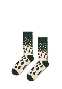 Groene en crèmekleurige sokken met een boompatroon, sterren en een gnoom. Zacht materiaal met een geribbelde boord en versterkte teen. "HAPPY" is op de zijkant gedrukt.