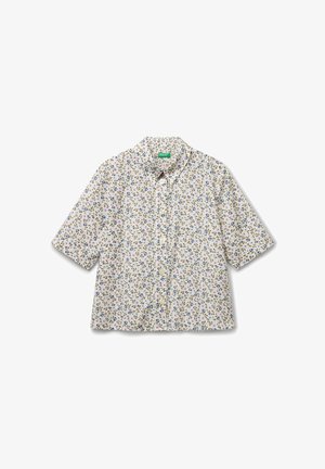 Lässiges Kurzarm-Hemd mit Knopfleiste, das ein kleines blau-lila Blumenmuster auf weißem Hintergrund zeigt.