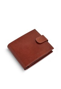 Brązowy skórzany portfel o gładkim wykończeniu, składanym designie i zapięciu na zatrzask. Posiada wytłoczone logo z przodu.