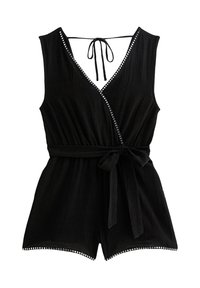 Zwarte playsuit met een wikkelontwerp, verstelbare strikhalslijn en decoratieve afwerking langs de randen. Gemaakt van lichte stof met een ceintuurlijn.