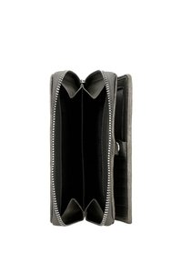 Gray leather wallet with a zip closure, featuring two compartments, card slots, and a textured finish. Interior is solid black.