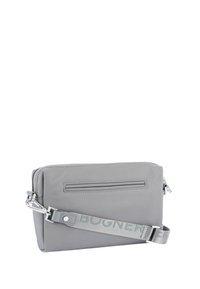 Gray synthetic crossbody bag with a zippered main compartment, a rear pocket, and a logo-printed adjustable strap. Silver hardware accents.
