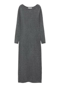 Robe en laine grise à manches longues, avec un col rond et une silhouette droite, présentant une texture douce et sans motifs ni accents visibles.