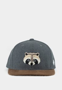 Gray fabric baseball cap with a brown suede brim, featuring an embroidered raccoon face on the front. Includes ventilation holes on the top.