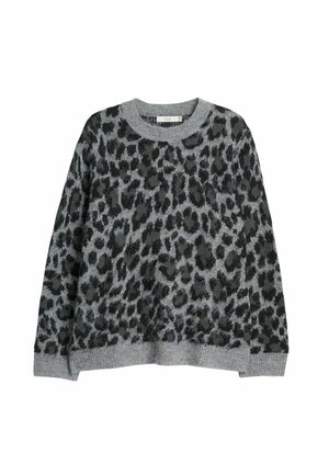 Grå stickad tröja med ett svart leopardsmönster, rund halsringning och ribbade ärmslut och nederkant. Mjuk textur med avslappnad passform.