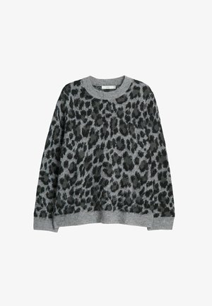 Grå stickad tröja med ett svart leopardsmönster, rund halsringning och ribbade ärmslut och nederkant. Mjuk textur med avslappnad passform.