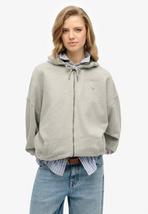 Haut zippé gris clair avec capuche à cordon, poches avant et un petit logo. Porté sur une chemise rayée bleue et blanche.