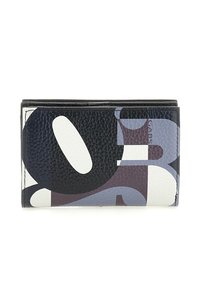Portafoglio compatto pieghevole in pelle nera texturizzata con modelli astratti di grandi numeri bianchi e grigi sul fronte.