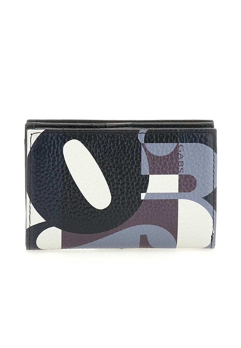 Portafoglio compatto pieghevole in pelle nera texturizzata con modelli astratti di grandi numeri bianchi e grigi sul fronte.