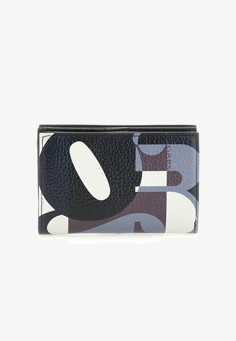 Portafoglio compatto pieghevole in pelle nera texturizzata con modelli astratti di grandi numeri bianchi e grigi sul fronte.