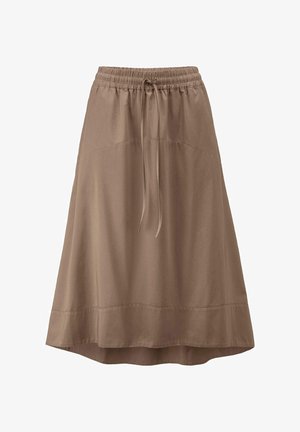 Hellbrauner Midi-Rock mit elastischem Bund und Kordelzug, leicht ausgestellt mit genähtem Detail am Saum, aus glattem Stoff gefertigt.