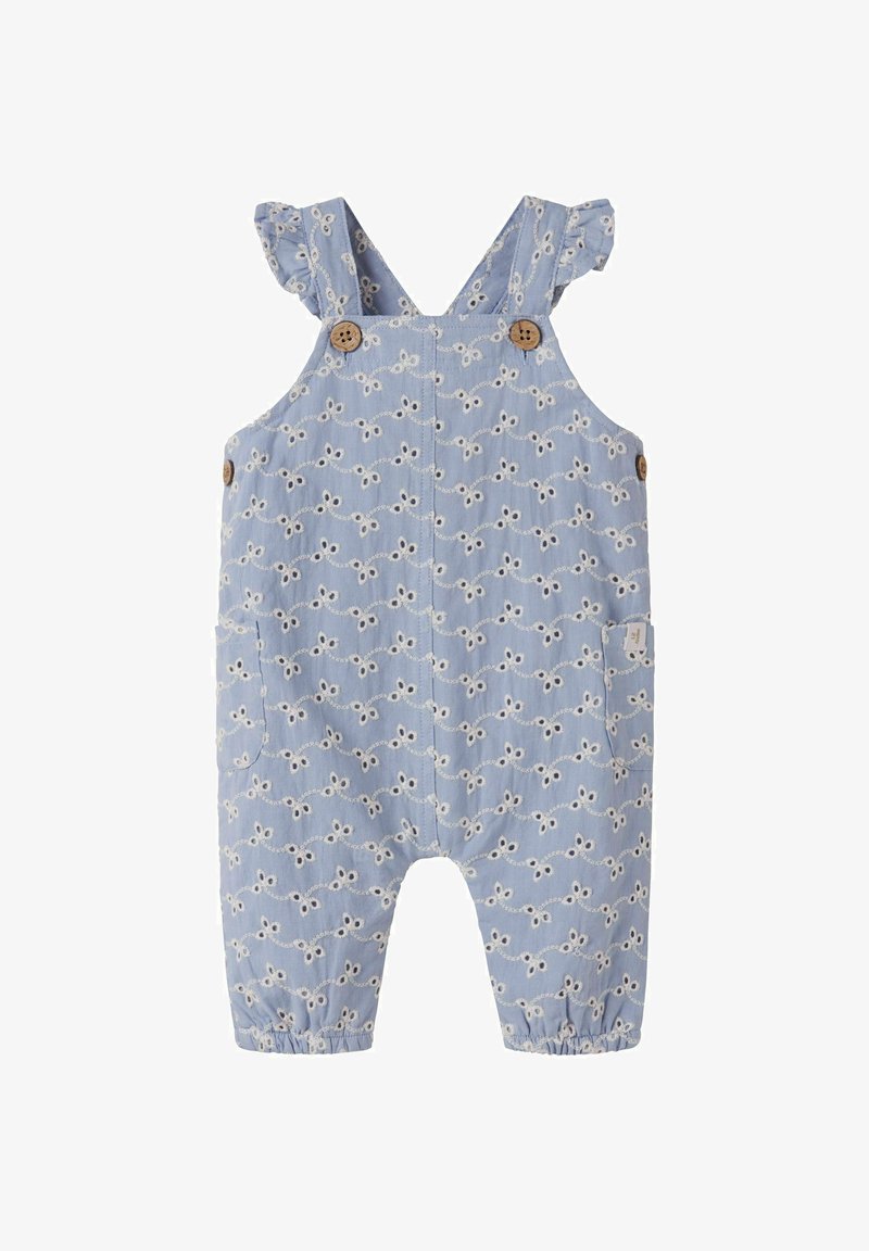 Blauwe katoenen overall met eyelet-borduurwerk in een bloemmotief, gerimpelde schouderbandjes, houten knopen en een zijzak.