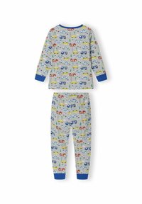 Katoenen pyjama set met een speelse all-over print van kleurrijke auto’s en gebouwen op een lichtgrijze achtergrond. Blauwe accenten op de manchetten.