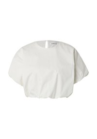 Witte cropped blouse van een gladde stof. Heeft een ronde halslijn, korte ballonmouwen en een sleutelgatsluiting aan de achterkant.