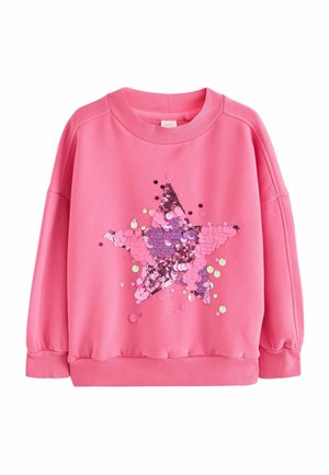Pinkes Sweatshirt mit langen Ärmeln, gerippten Bündchen und Kragen, vorne mit einem großen Stern aus mehrfarbigen pinken Pailletten verziert.