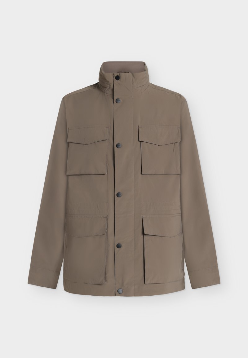 Brown jacket with a stand collar, front button closure, and four large flap pockets, displayed on a plain light background.