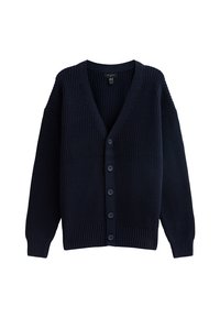 Marinblå stickad kofta med V-hals, ribbad textur, långa ärmar och sex framknappar. Har breda, sänkta axlar och en avslappnad passform.