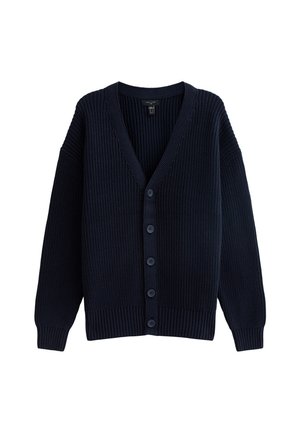 Cárdigan de punto azul marino con escote en V, textura acanalada, mangas largas y seis botones en la parte frontal. Presenta hombros amplios y caídos, y un corte holgado.