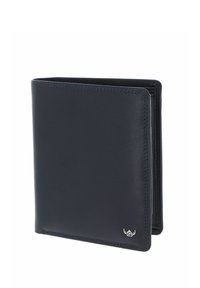 Portefeuille noir en cuir bifold avec une couture subtile et un petit logo argenté dans le coin inférieur droit, présenté légèrement ouvert.