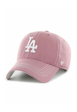 Pink baseball cap with white "LA" logo front and white stitching, curved brim, and small "47" logo on side.