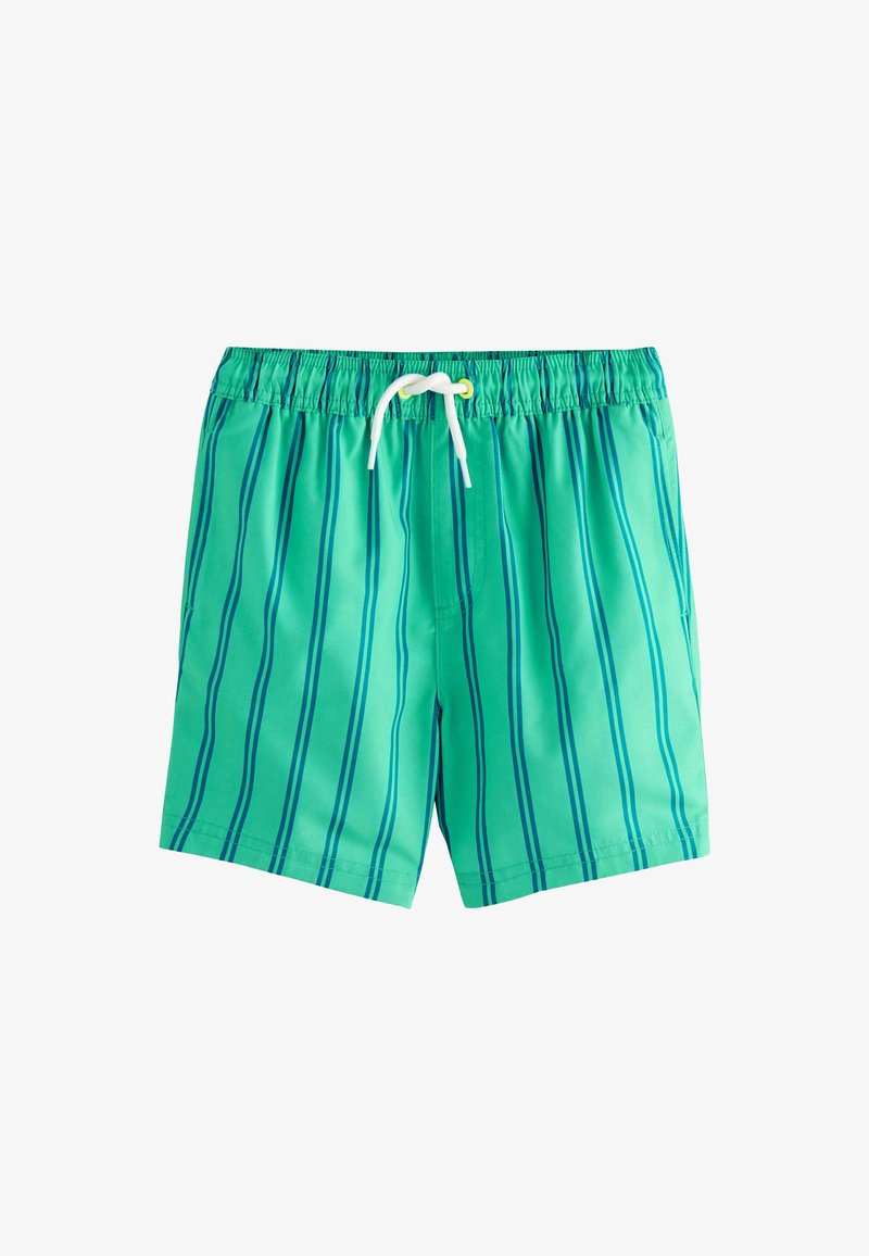 Grüne Badeshorts mit blauen vertikalen Streifen, elastischem Bund und weißem Kordelzug vorne gebunden.