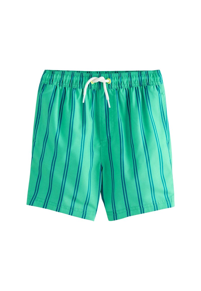 Gröna simshorts med vertikala blå ränder, elastisk midja och en vit dragsko. Tillverkade av lätt, snabb-torkande material.