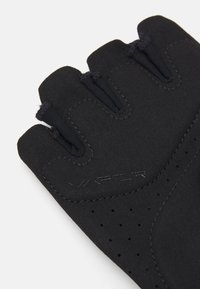Black fingerless glove with padded material, featuring perforations for breathability and stitched detailing. "VAPOR" logo embossed on palm.