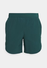Mörk teal träningsshorts med en slät yta och elastisk midja. Har en liten logotyp på vänster ben. Skräddarsydda för komfort och prestanda.