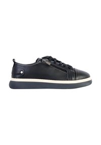 Black leather sneaker with a rounded toe, flat rubber sole, and contrasting white stitching. Features a side zipper and lace-up closure.