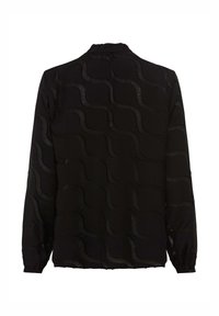 Black long-sleeve blouse with a wave pattern texture, featuring a high neckline and buttoned cuffs, made from a lightweight, sheer fabric.
