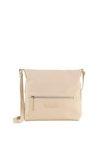 Beige Umhängetasche aus glattem Material, mit einer vorderen Reißverschlusstasche und einem verstellbaren Tragegurt. Schlichtes Design mit rechteckiger Form.
