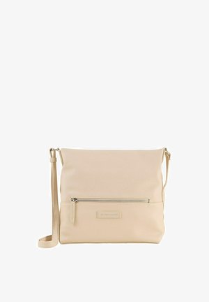 Borsa a tracolla beige realizzata in materiale liscio, con una tasca anteriore con zip e una tracolla regolabile. Design semplice con forma rettangolare.