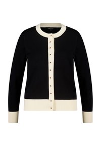 Zwarte cardigan met crèmekleurige accenten, voorzien van een ronde hals, knoopsluiting aan de voorkant en geribbelde boorden en zoom. Knopen in goudkleurige tint zorgen voor extra detail.