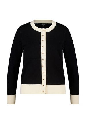 Zwarte cardigan met crèmekleurige accenten, voorzien van een ronde hals, knoopsluiting aan de voorkant en geribbelde boorden en zoom. Knopen in goudkleurige tint zorgen voor extra detail.