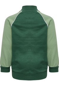 Sweatshirt vert et vert clair à col rond avec des manches raglan, présentant un tissu texturé et un bord blanc contrastant le long des coutures.