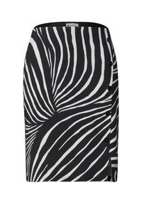 Black and white knee-length skirt with bold zebra stripes and five black buttons on the right side.