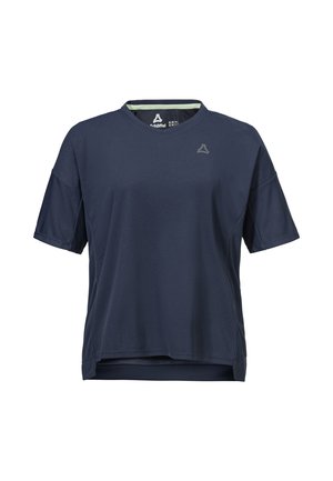 Marineblaues, kurzärmeliges Sportshirt mit V-Ausschnitt und kleinem reflektierendem Logo auf der linken Brust, leichtes, atmungsaktives Material.