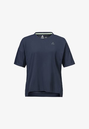Marineblaues, kurzärmeliges Sportshirt mit V-Ausschnitt und kleinem reflektierendem Logo auf der linken Brust, leichtes, atmungsaktives Material.