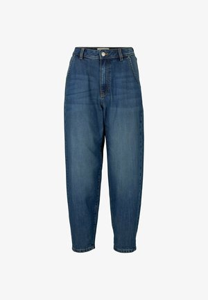 High-waisted blue denim jeans with a relaxed fit, featuring front pockets, a zipper fly, and subtle fading on the fabric.