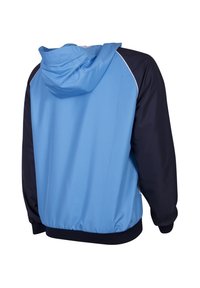 Blauwe en marineblauwe windbreaker met capuchon, geribbelde zoom en elastische manchetten. Glad oppervlak met contrasterende panelen en witte afwerking.
