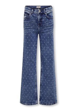 Blå denimjeans med vidde, prikket mønster, fem lommer og knaplukning i taljen. Glat tekstur med en afslappet pasform.