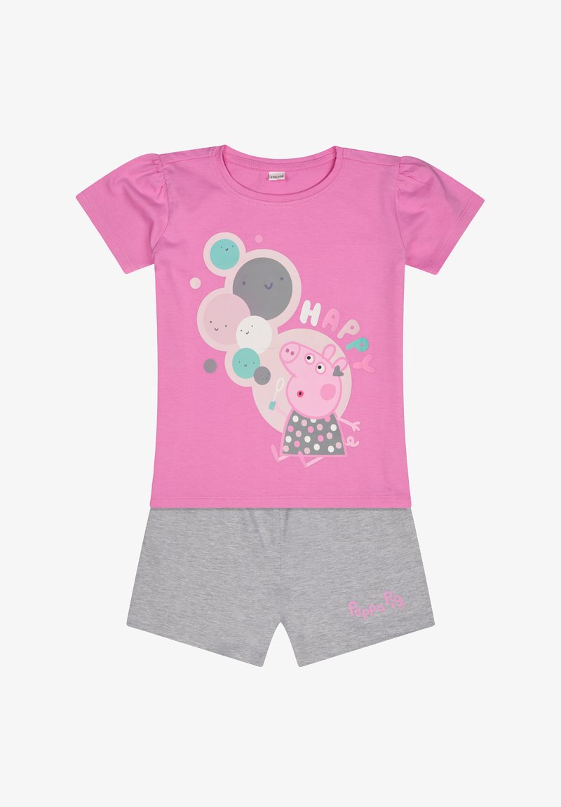 Pink short-sleeve T-shirt features a graphic design with a cartoon pig, surrounded by colorful circles, paired with gray shorts.