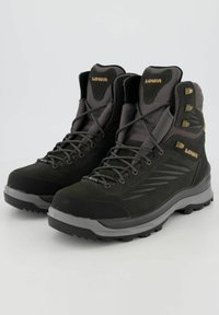 Schwarze und graue Wanderschuhe mit einem hohen Knöcheldesign, strukturiertem Obermaterial, verstärkter Zehenkappe und aggressivem Profil für bessere Traktion.