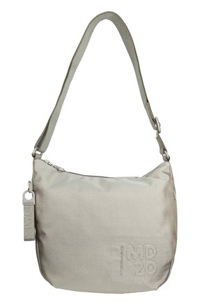 Graue nylontasche mit verstellbarem Riemen, Reißverschluss und geprägtem Logodetail. Glatte Textur, minimalistisches Design und praktische Größe.