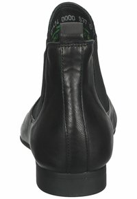 Schwarze Leder-Ankle-Boots mit glatter Textur, runder Zehenpartie und elastischen Seitenpaneelen. Die Sohle ist flach und aus Gummi gefertigt.