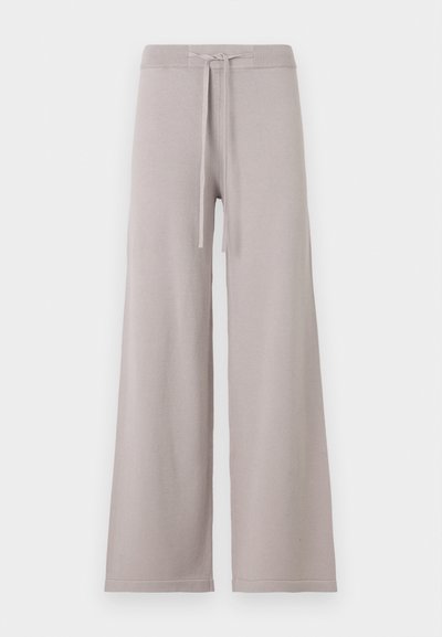 Light gray, wide-leg sweatpants in soft fabric. Features a ribbed waistband with a drawstring, and subtle stitching at the hem.